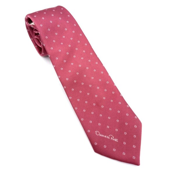 Oscar De La Renta Mens Red Burgundy Tie With Square Pattern Vintage Classic Wear - Picture 1 of 16